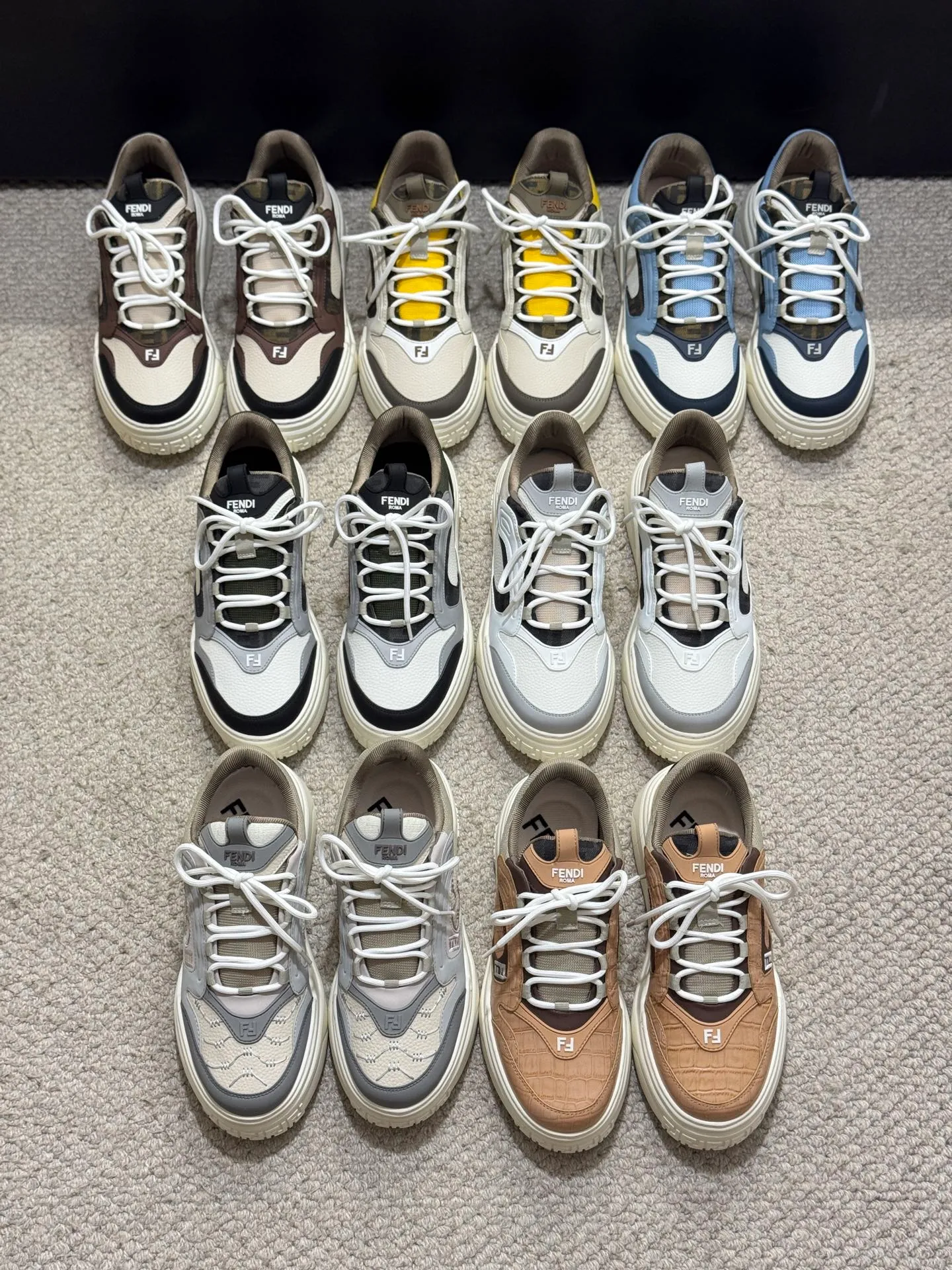 FENDI Fendi high version latest Force series calfskin FF men's shoes 💰560 [new style] 🦥🦥 mesh round toe thick sole low-top sports sneakers, these Force lace-up low-top shoes. Made of white full-grain leather and white and brown smooth leather. Padded. Brown FF jacquard and yellow technical fabric details. Lightweight and thick white sole with FF pattern details on the toe and heel ✔️Fabric: Imported first-layer cowhide breathable mesh ✔️Inner lining: Customized breathable mesh ✔️Sole: Open-molded rubber foam material ✔️Sole thickness: 7CM Size: #Men's 38-44 (45 is custom-made and cannot be returned or exchanged